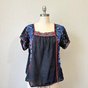JOHNNY WAS WORKSHOP Zelda Peasant Top Black Embroidered Floral Boho